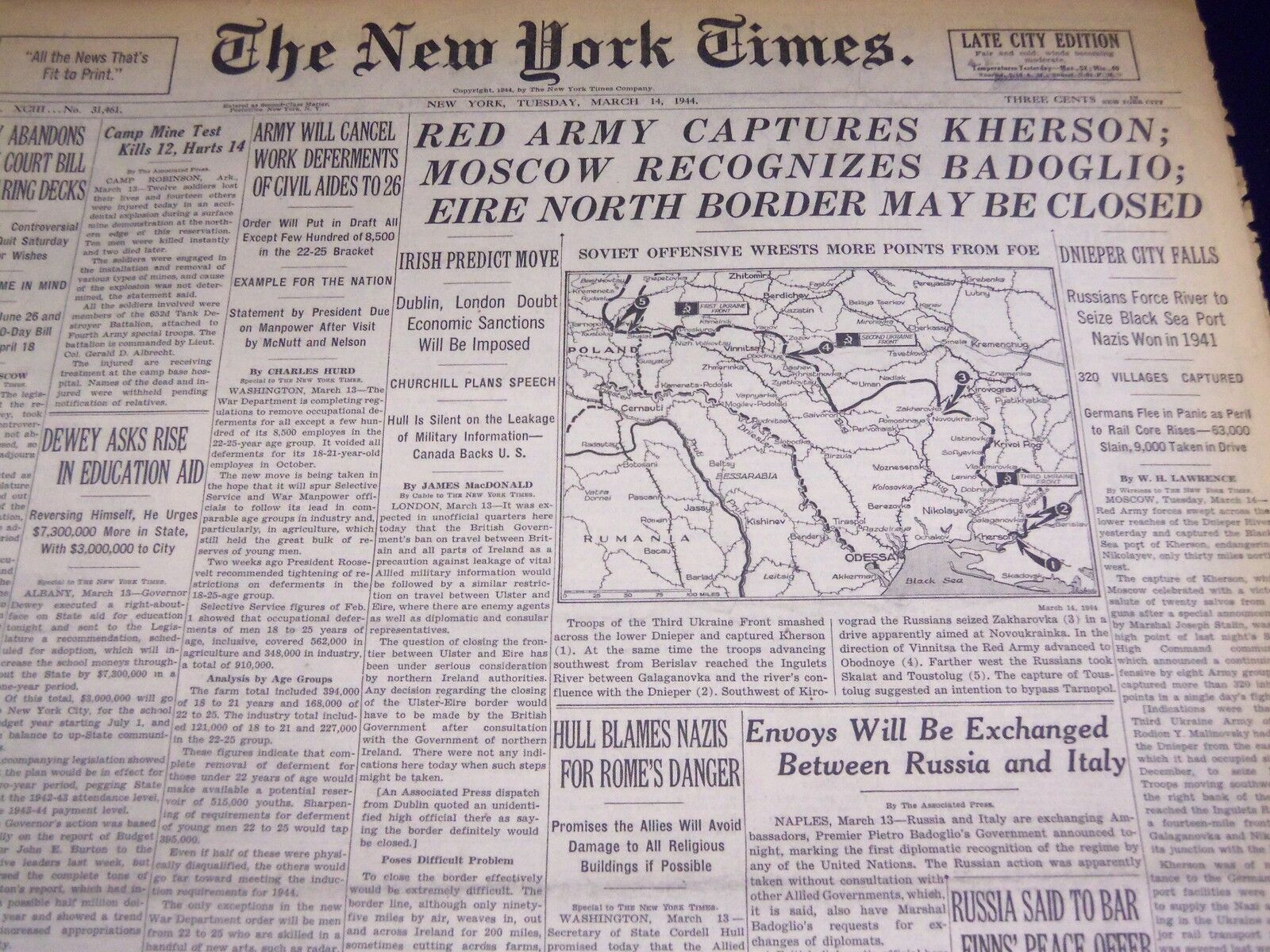 1944 MARCH 14 NEW YORK TIMES - MOSCOW RECOGNIZES BADOGLIO - NT 3729