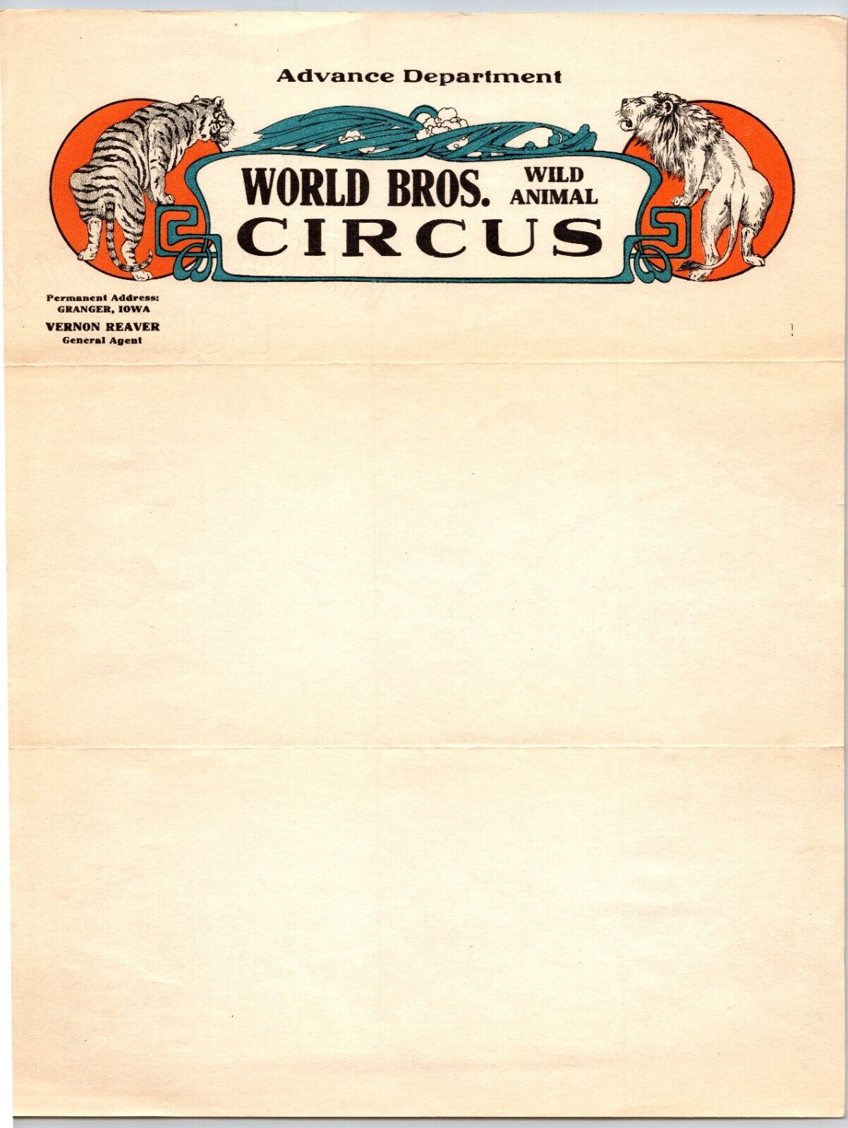 World Bros. Wild Animal Circus Letterhead c1923 Granger, IA Tiger Lion Scarce