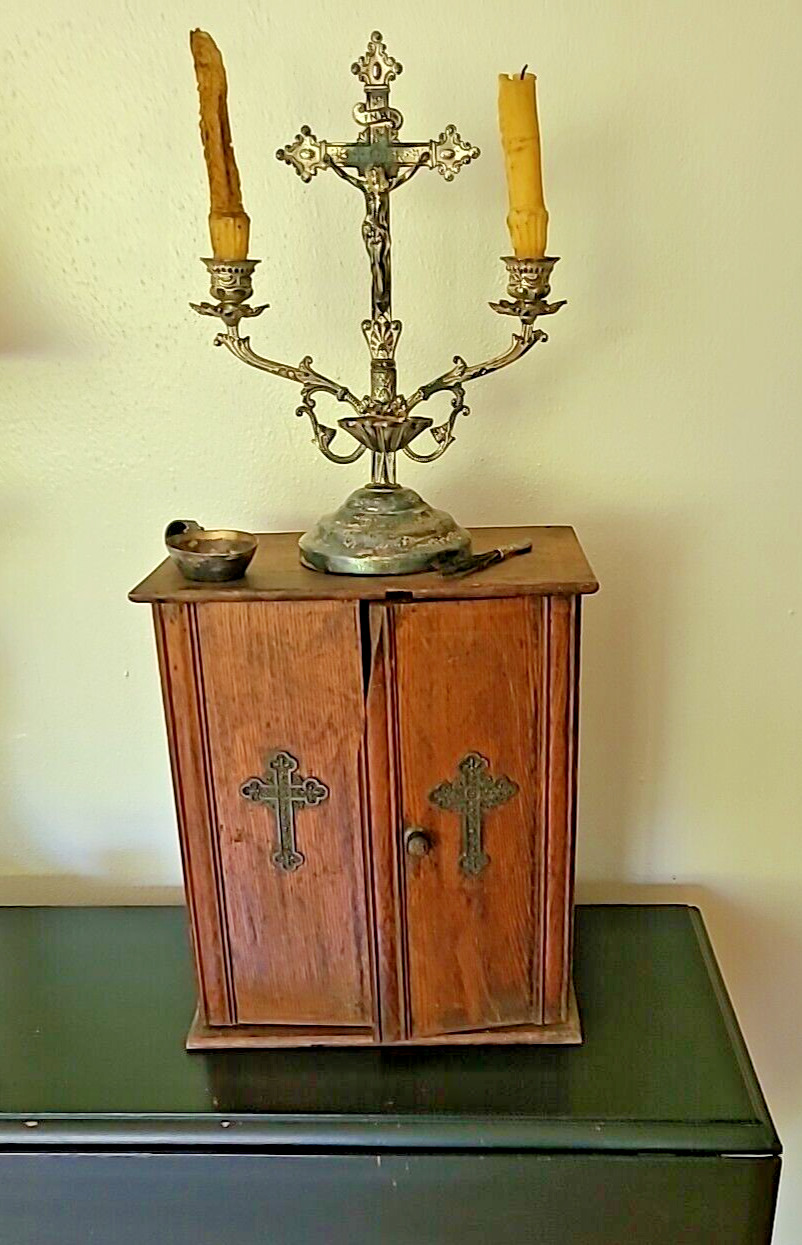 Antique Last Rights Viaticum Cabinet Home Altar Communion Gothic Silverplate