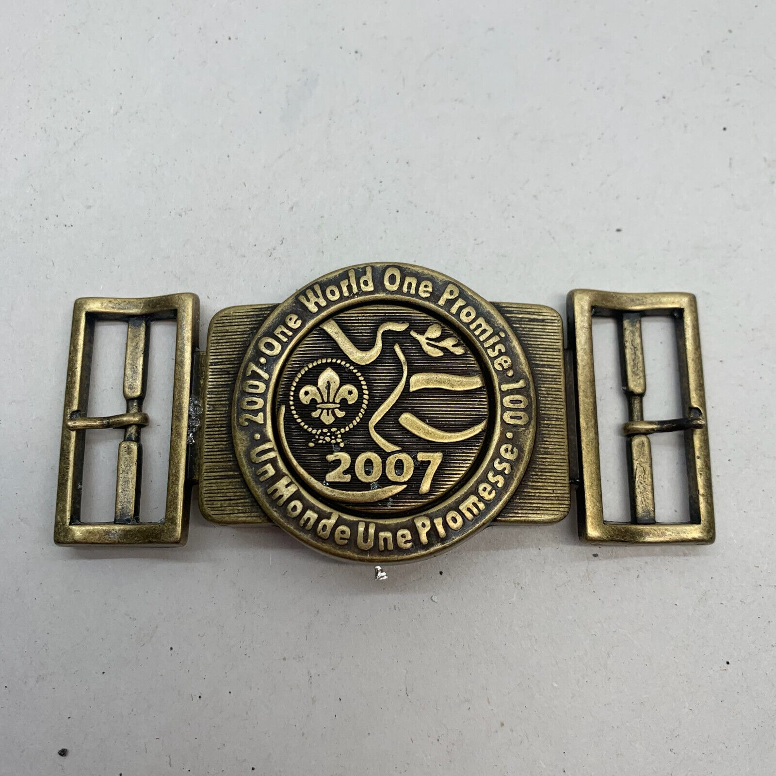 2007 World Scout Jamboree One World One Promise Bronzed Belt Buckle 100 Years