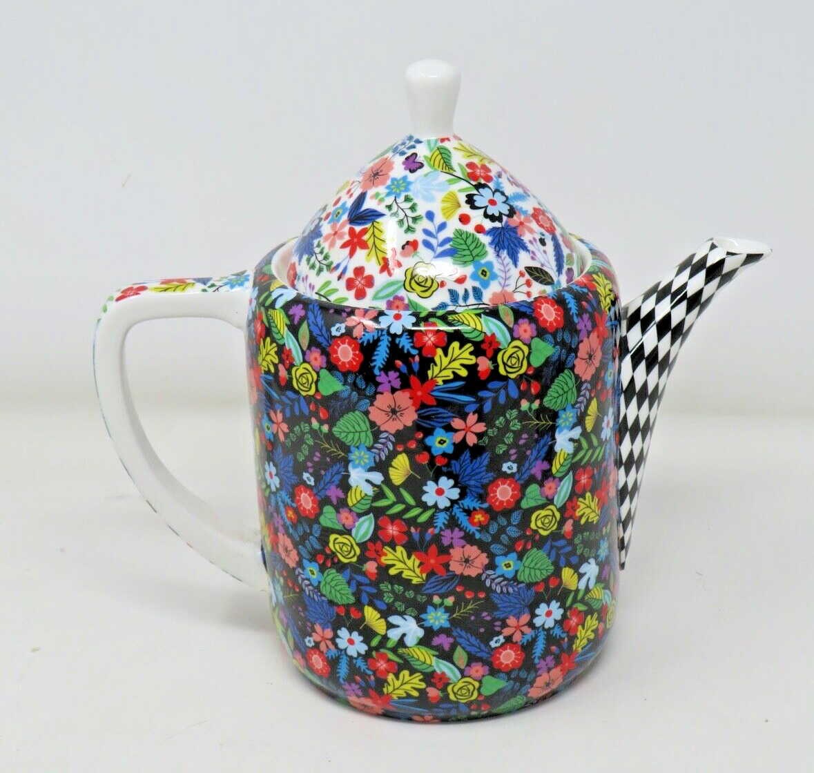 Stenchcol Gracie Bone China Mad Hatter Teapot Floral Checkerboard