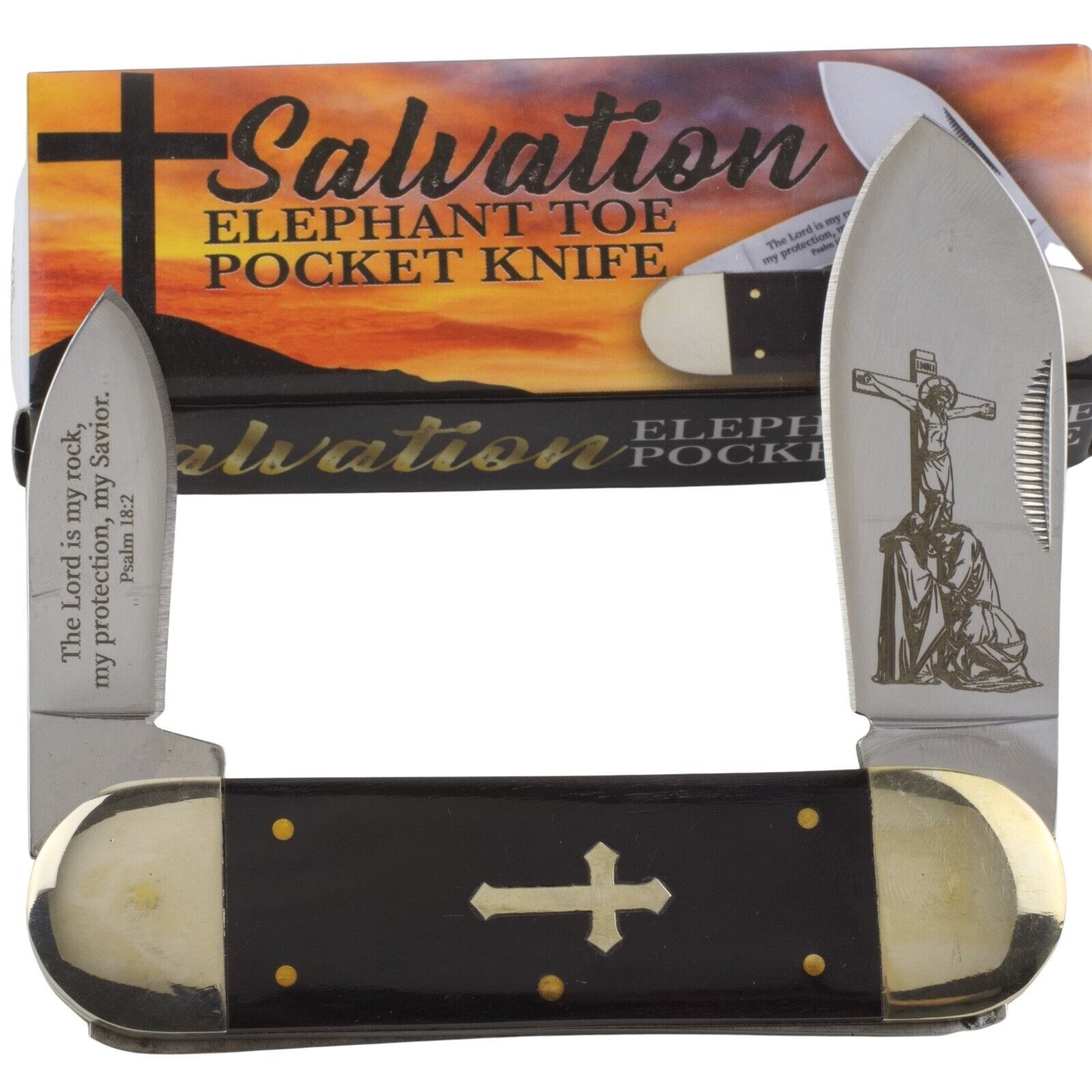 Salvation Cross Elephant Toe Sunfish Psalm 18:2 Pocket Knife Black Bone Handle