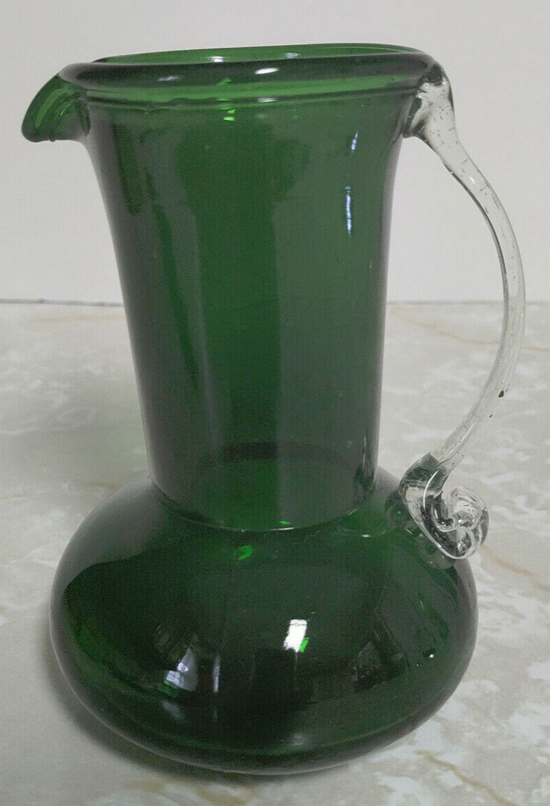 Green Hand Blown Glass Pitcher Clear Handle Pontil Mark 5 Inches Tall Vtg