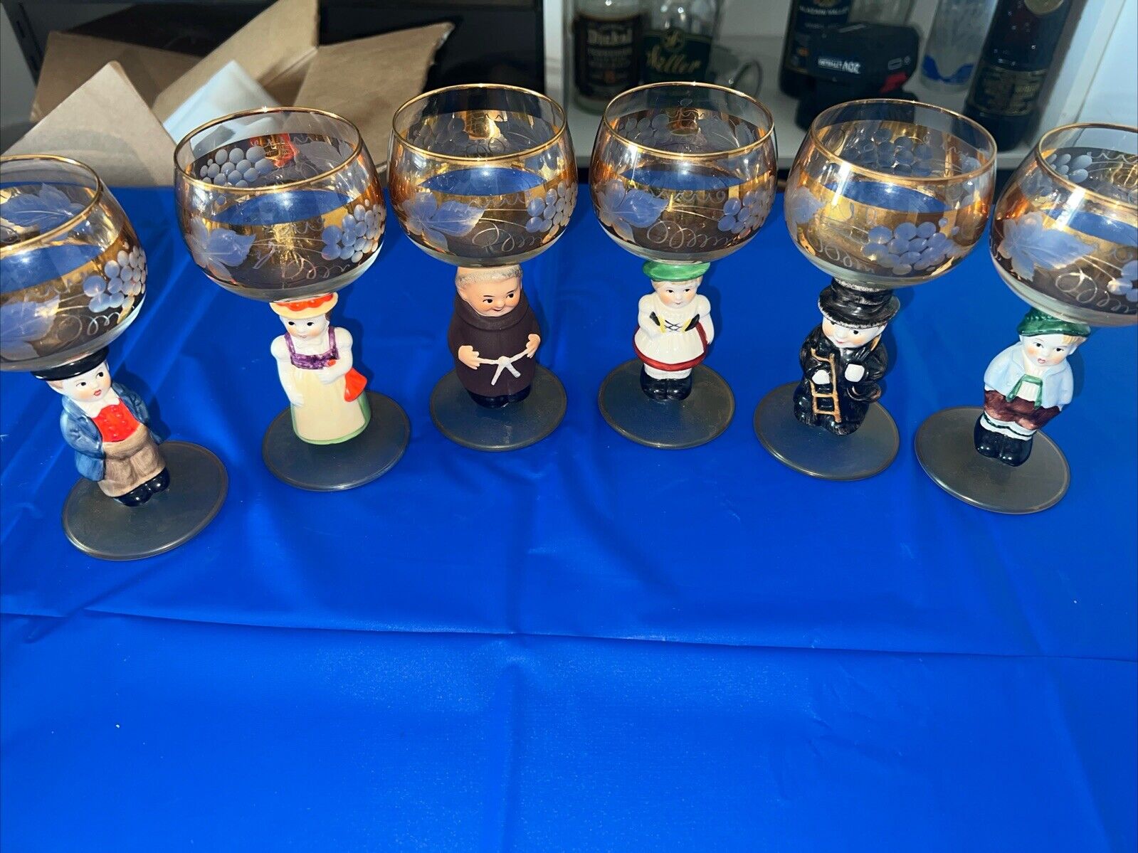 Goebel Hummel Figurine Stem Wine Glasses 14K Gold Trim Germany  Lot of 6