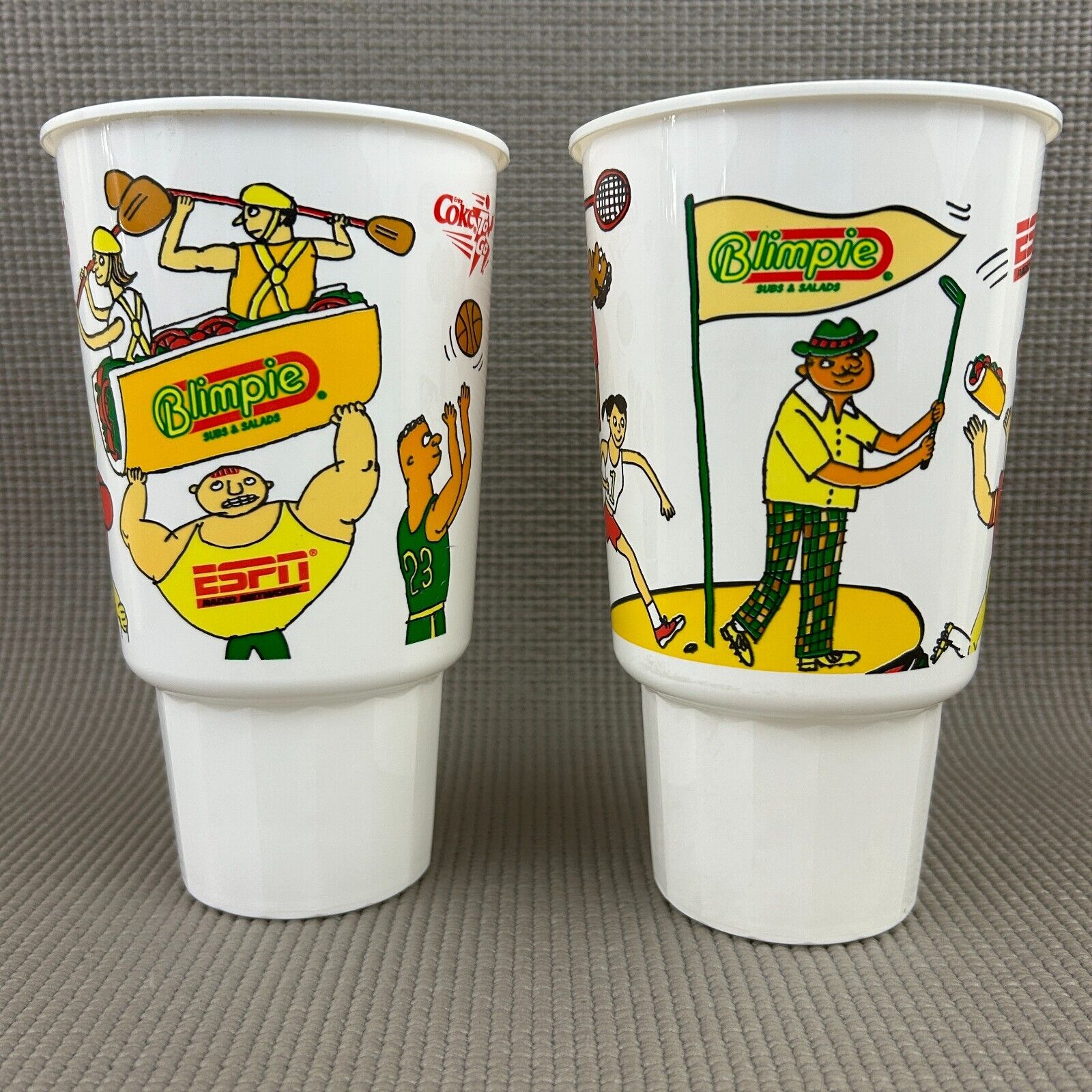 Vintage BLIMPIE ESPN COKE Print Large Plastic Cups Set of 2 