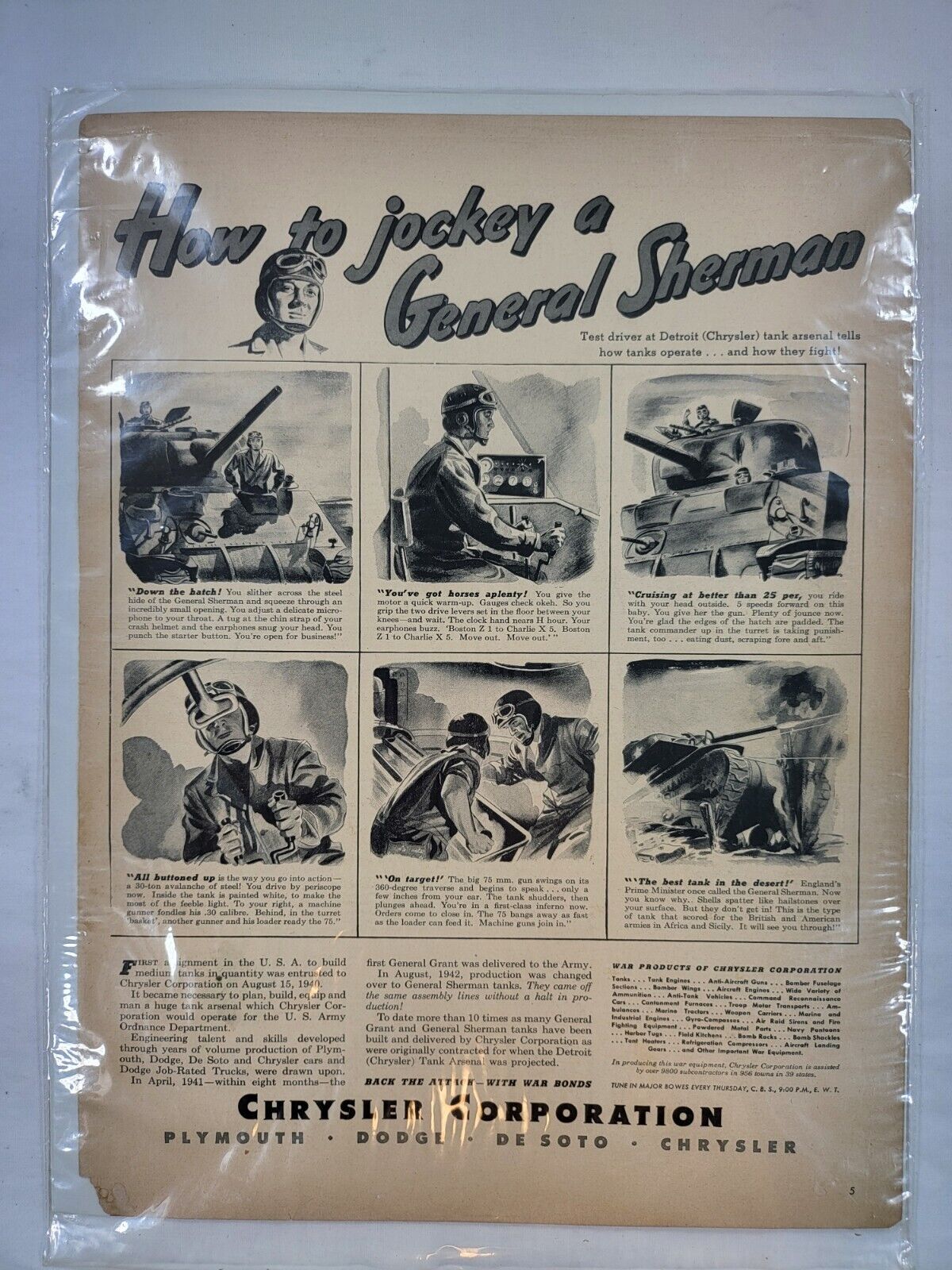 1940\'s Chrysler WWII How to Jockey a General Sherman Tank Home Front Print Ad