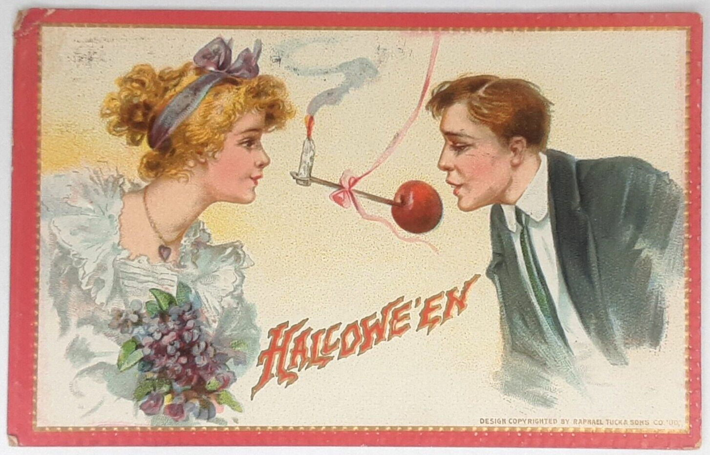 Halloween Post Card Raphael Tuck Embossed Courting Couple Apple and Candle