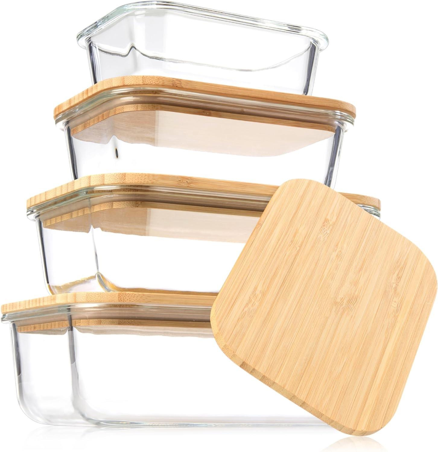 4 Pack Glass Food Storage Containers with Bamboo Lids Safe for Microwave Oven
