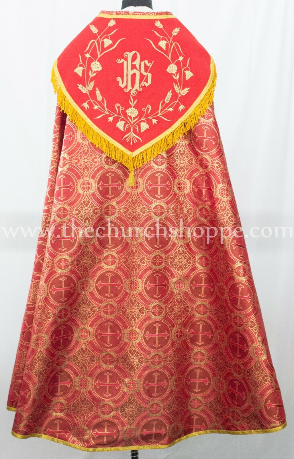 Metallic Red Cope & Stole Set with IHS embroidery,capa pluvial,far fronte