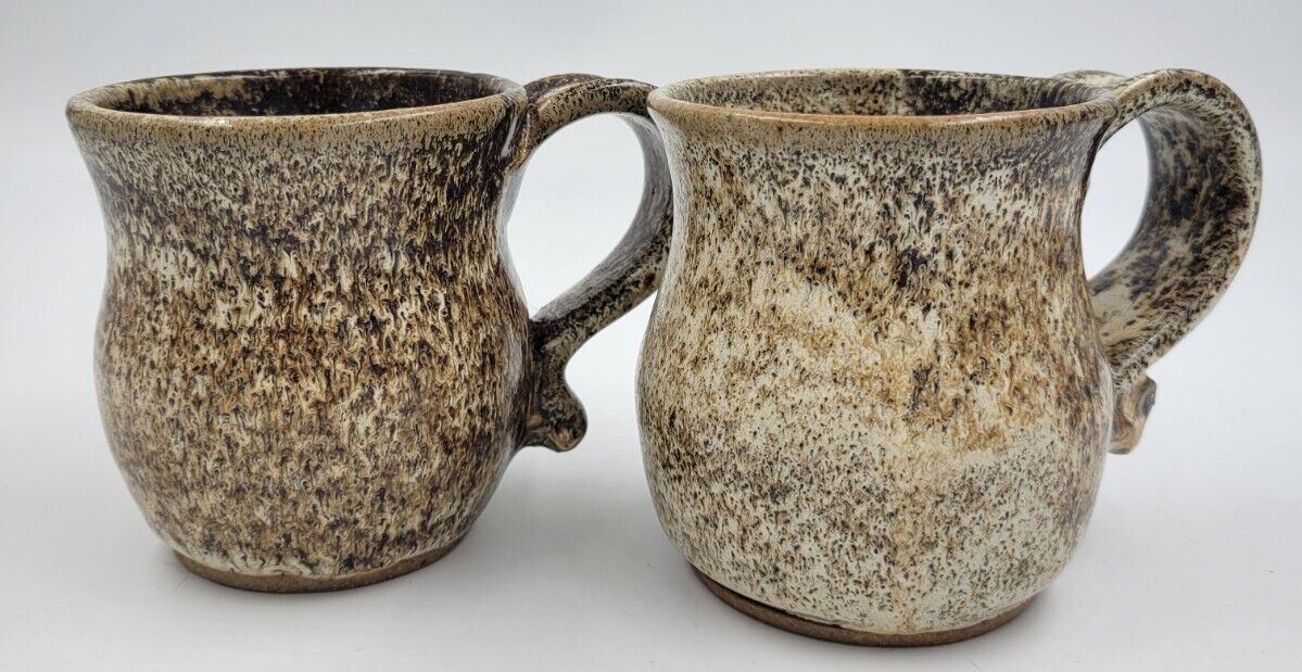 Vintage Hand Made Pottery Coffee Mugs Brown & Cream Drip Glaze Artist Signd 1980