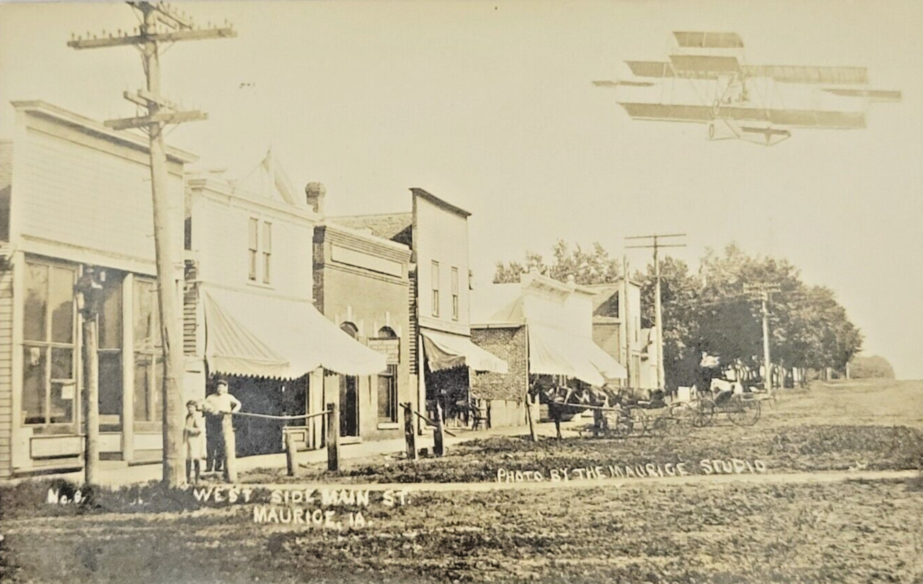 Rare 1911 RPPC Postcard West Side Main Street Maurice Iowa Flying Plane IA