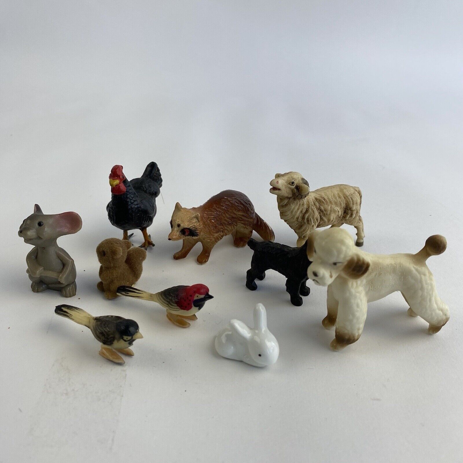 VINTAGE Lot of 10 Miniature Animal Figurines Mouse Poodle Raccoon Birds Chicken