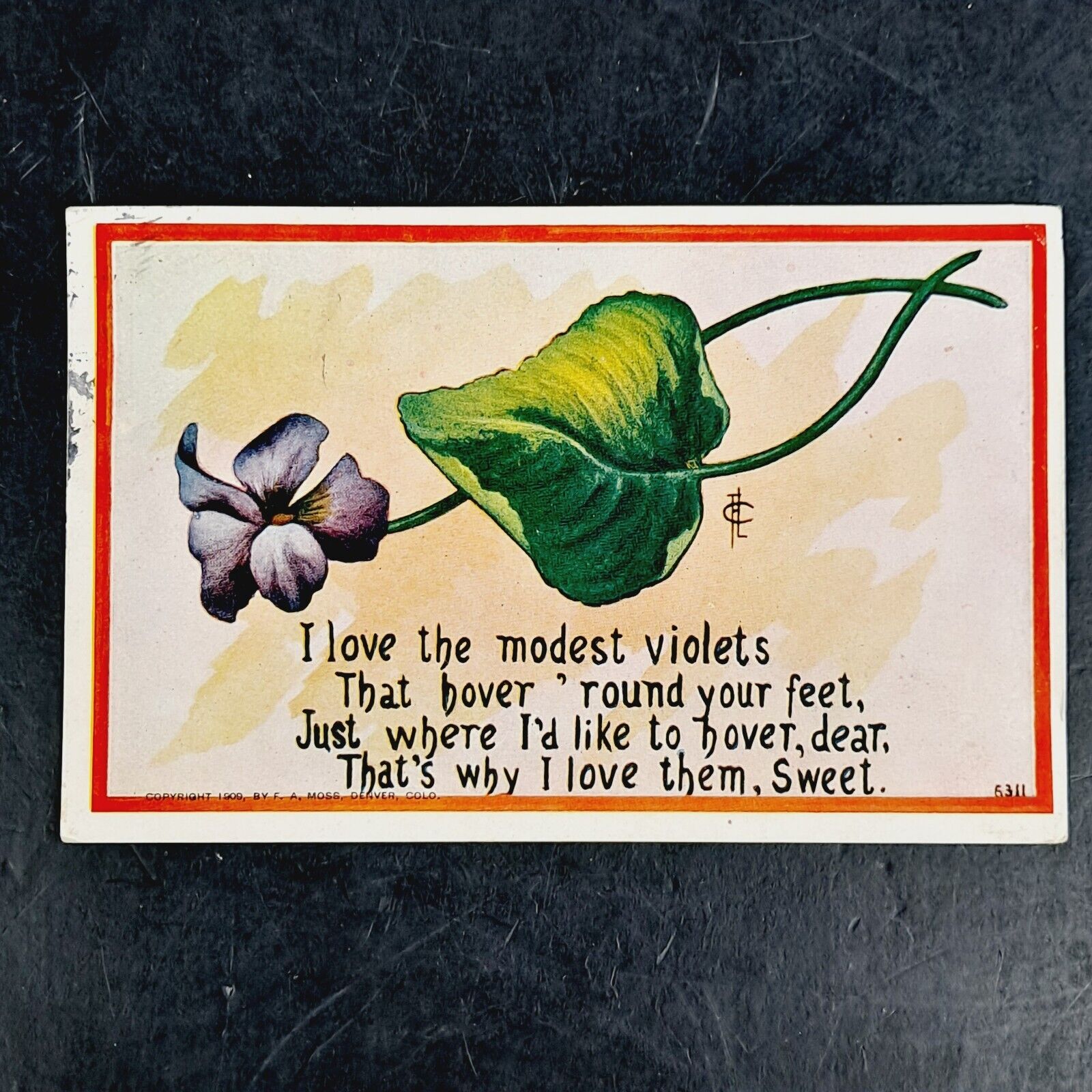 ANTIQUE 1909 DB FRED L. CAVALLY SIGNED ROMANTIC POST CARD WITH VIOLETS POSTED