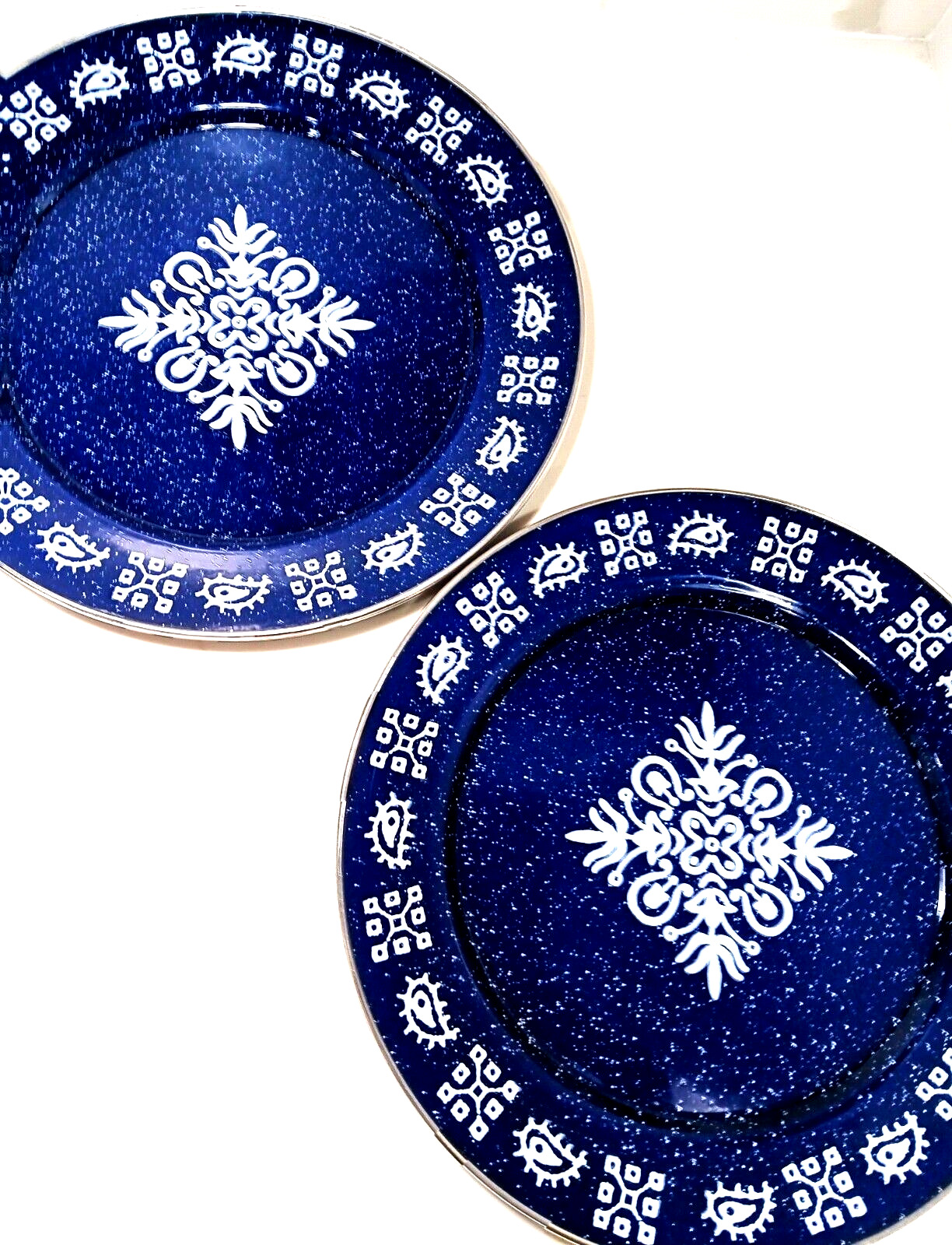 2 Blue Speckled Enamelware Serving Tray Platter 12\