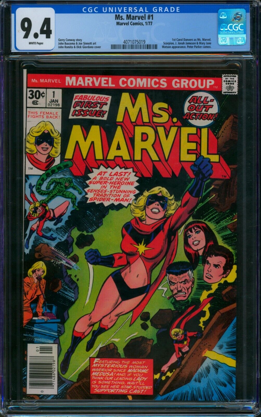 Ms. Marvel #1 ❄️ CGC 9.4 WHITE PGs ❄️ 1st Carol Danvers as Ms Marvel Comic 1977