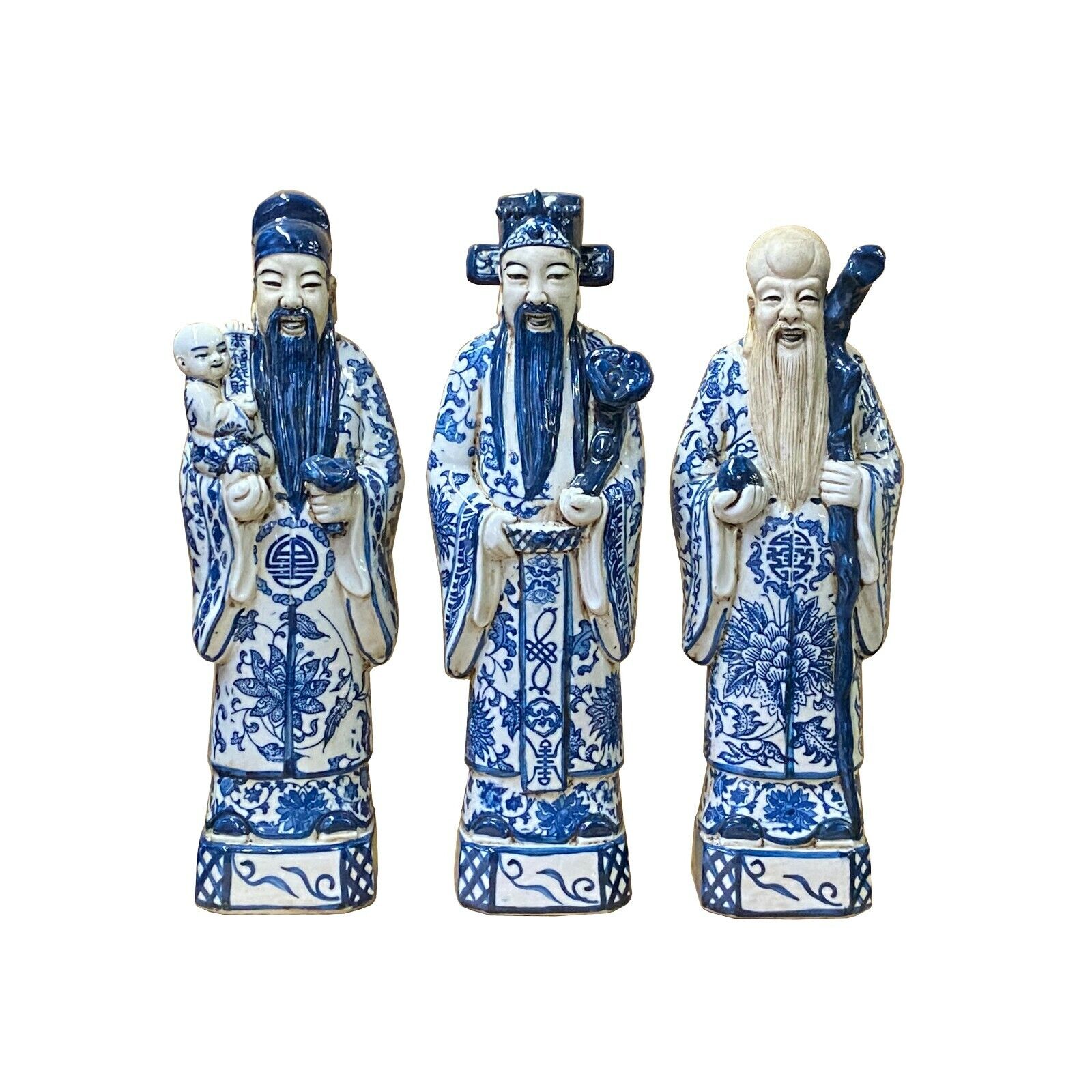 Chinese Distressed Blue White Color Fengshui Fok Lok Shao Figure Set ws2079