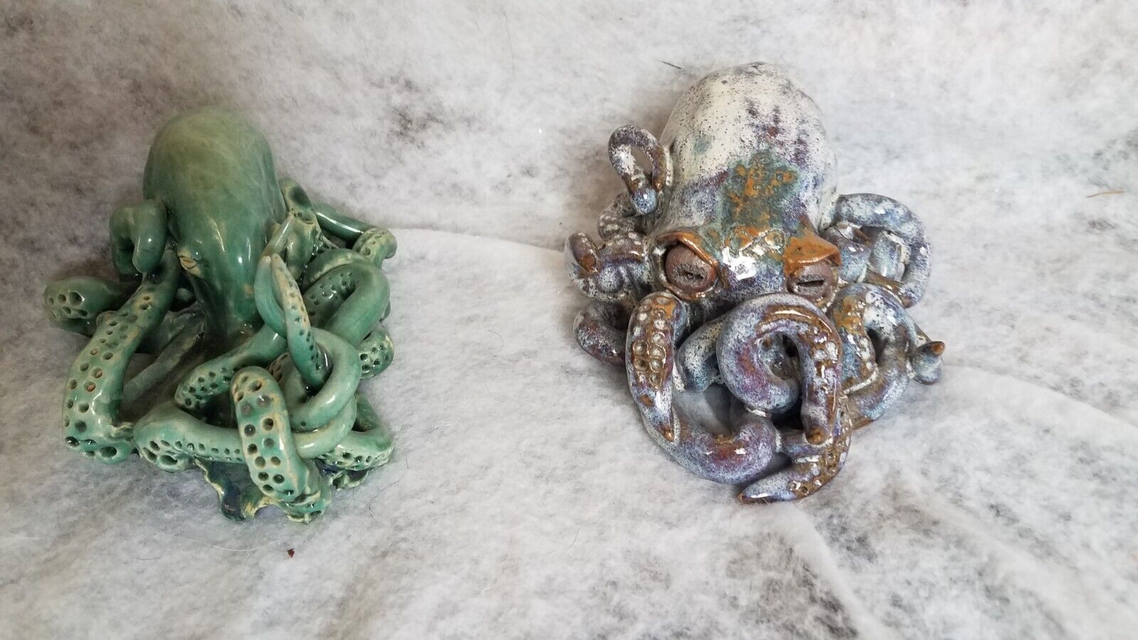 2 Vntg Homemade Ceramic Glazed Octopus Figurines Unsigned Grn. & Brn/Wht.  3...