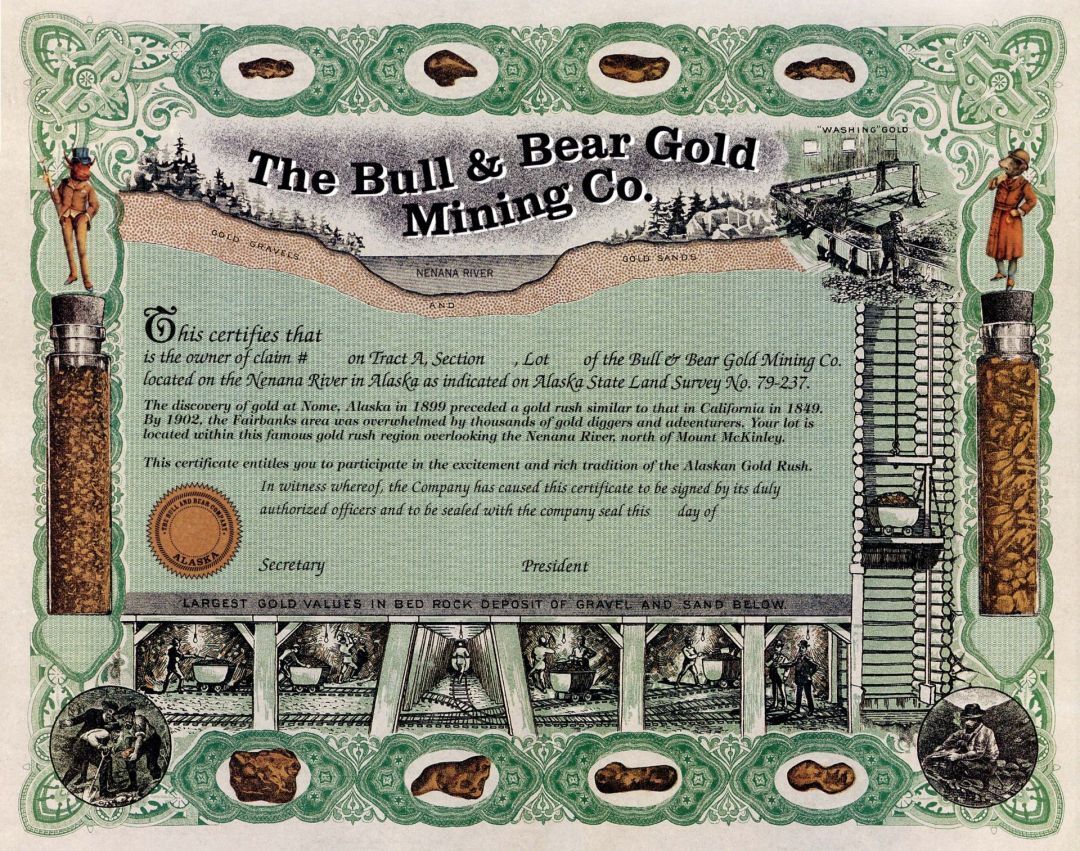 Bull and Bear Gold Mining Co. - circa 1990\'s Unissued Alaska Mining Stock Certif