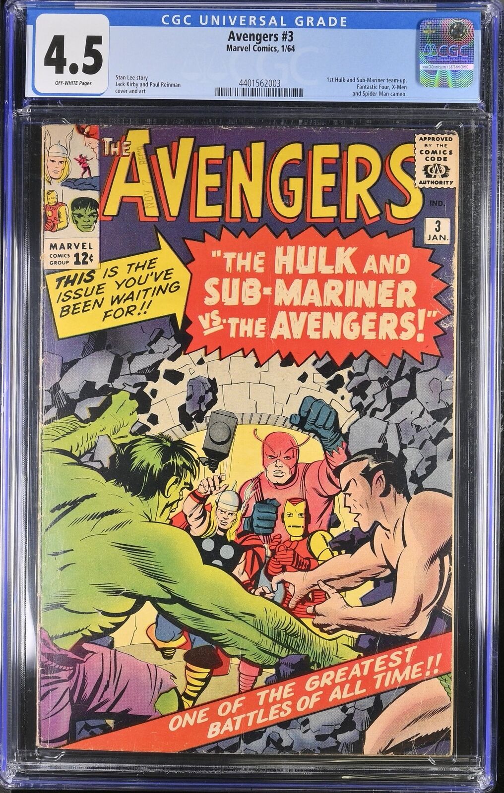 Avengers #3 CGC VG+ 4.5 Off White 1st Hulk and Sub-Mariner Team-Up Jack Kirby