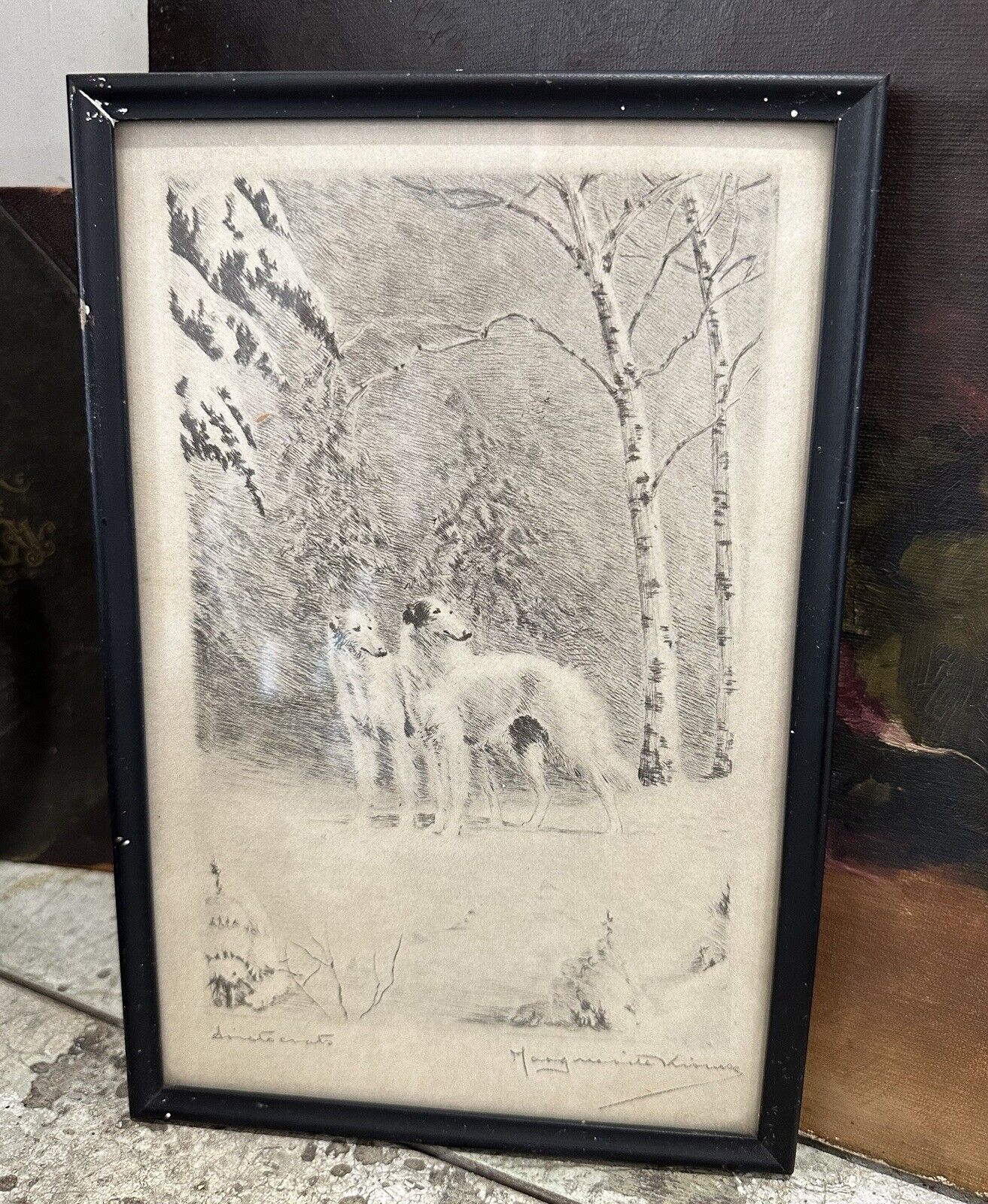 Marguerite Kirmse framed etching signed/ titled Aristocrats in pencil by artist