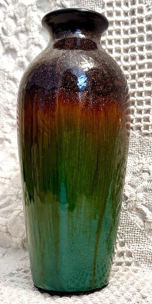 Vtg 1970”s Clay Bud Vase/ Beautiful Brown Sparkly Top & Crackel Green Base
