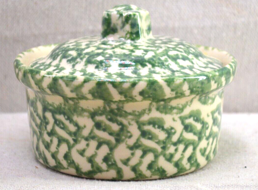 Vintage Bel-Terr Pot W/ Lid Made USA 953 Green White Stoneware Spongeware