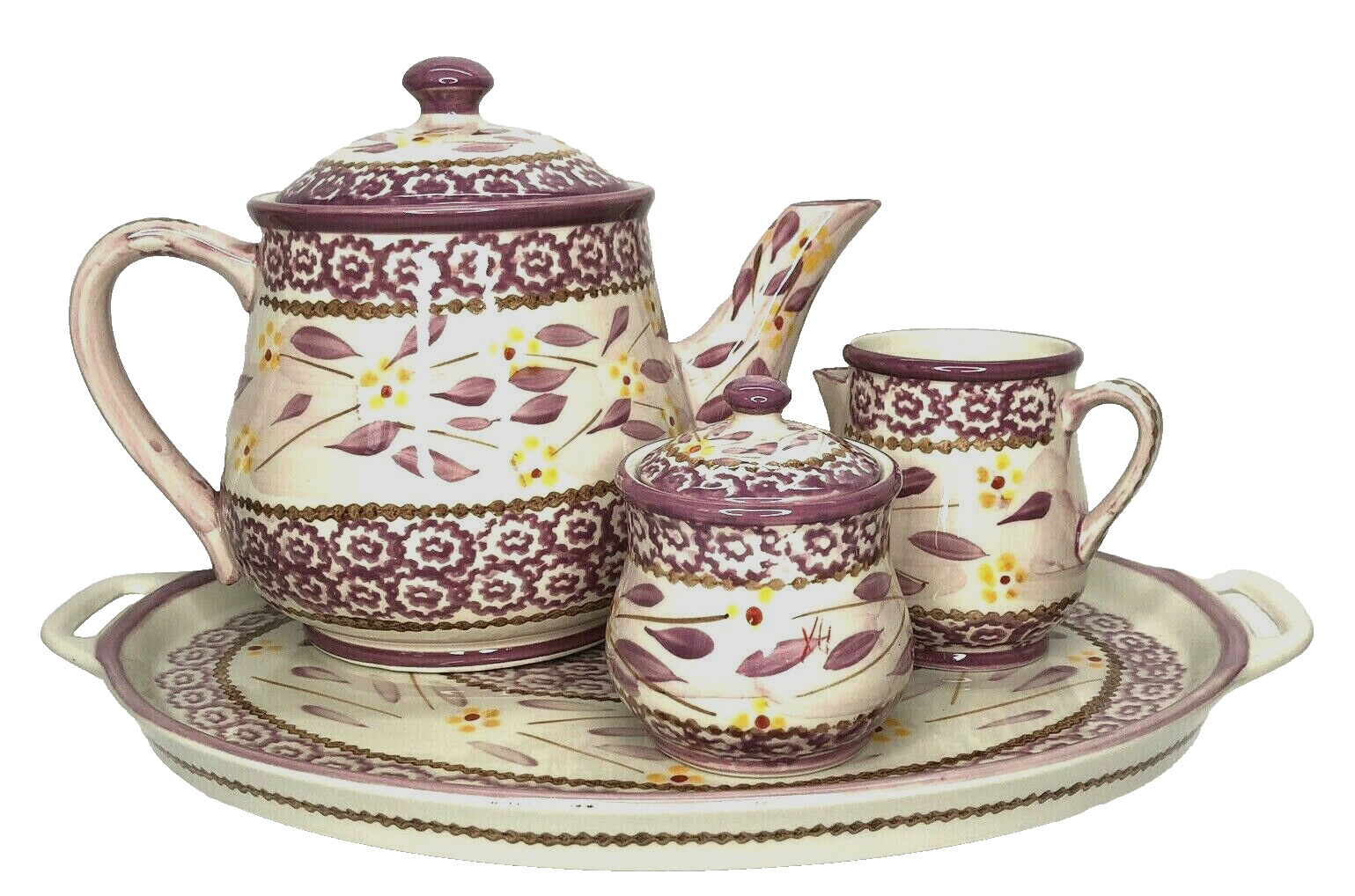 Temptations Tea Set Old World Teapot Sugar Creamer Platter Pink Purple 6 Pc Gift