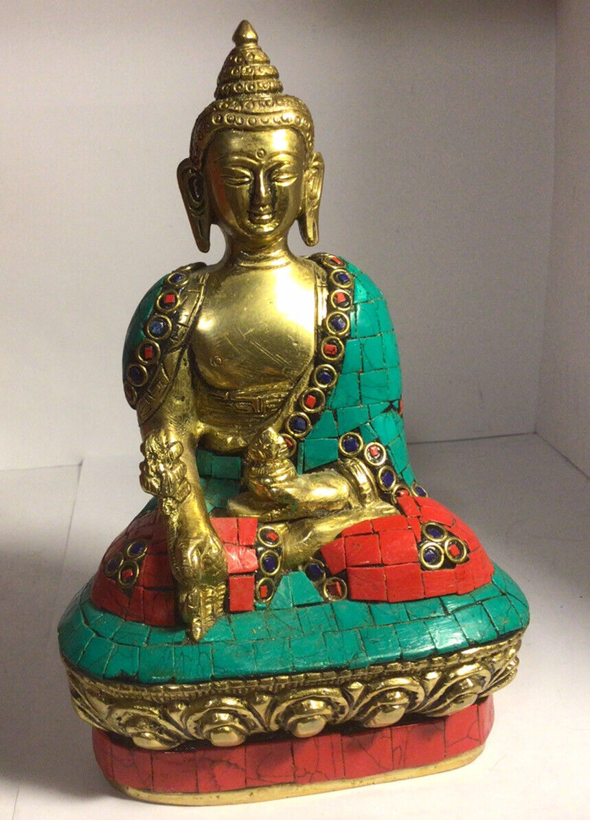 Vintage brass sitting Buddha 7” high  2.6 lbs with red green  mosaic trim