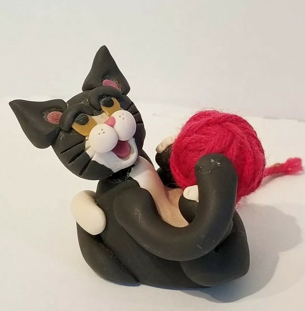 Cat Lover Gift Cecile Baird Frisky  Kitty Playing Yarn Clay Figure 1985 Signed