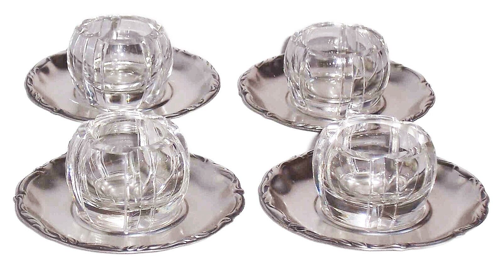 Vintage Heavy Glass Salt Cellars with Pewter-Like Saucers – Set of 4