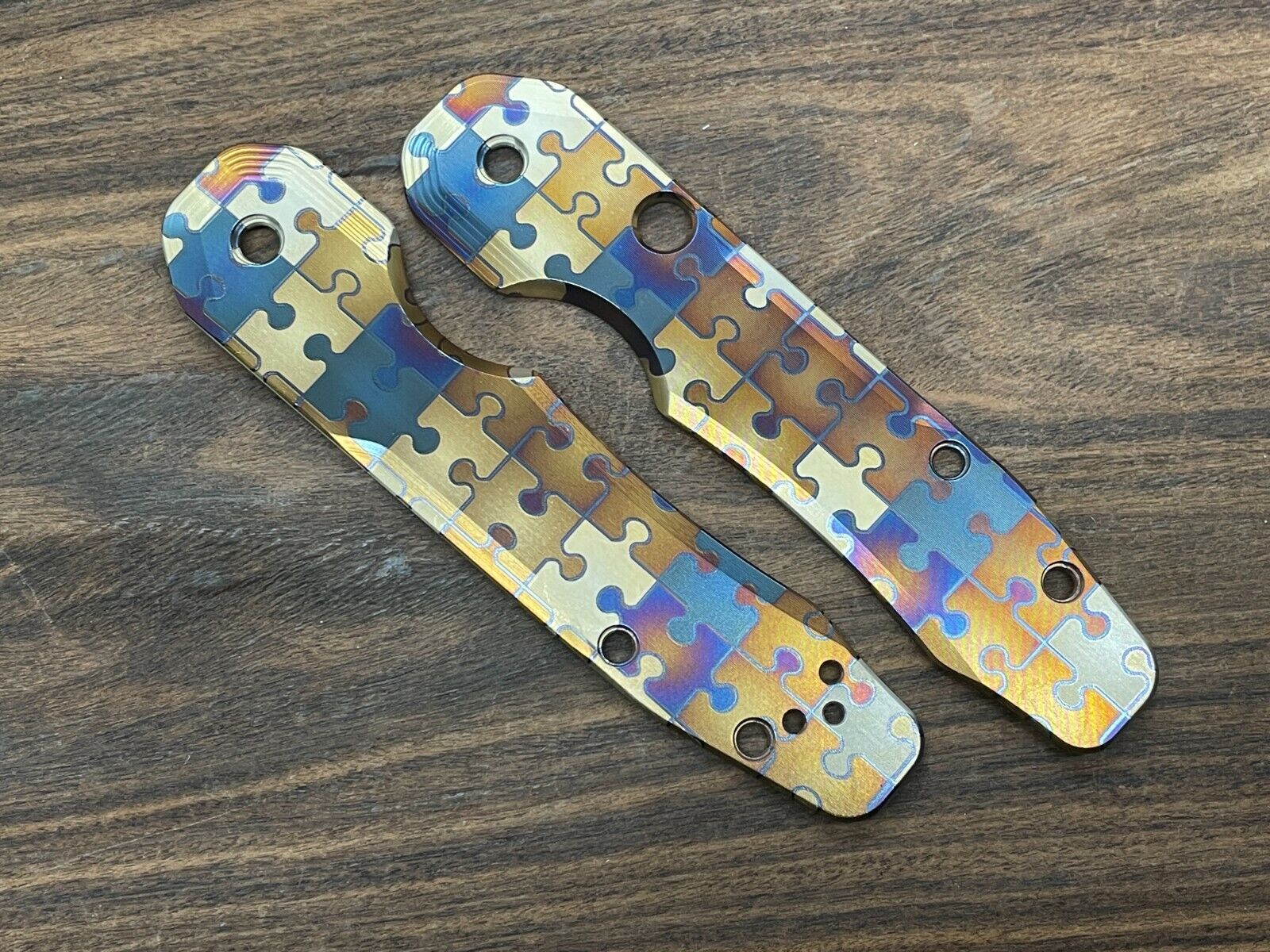JIGSAW PUZZLES Heat Anodized Titanium Scales for SMOCK Spyderco Knife Made in US