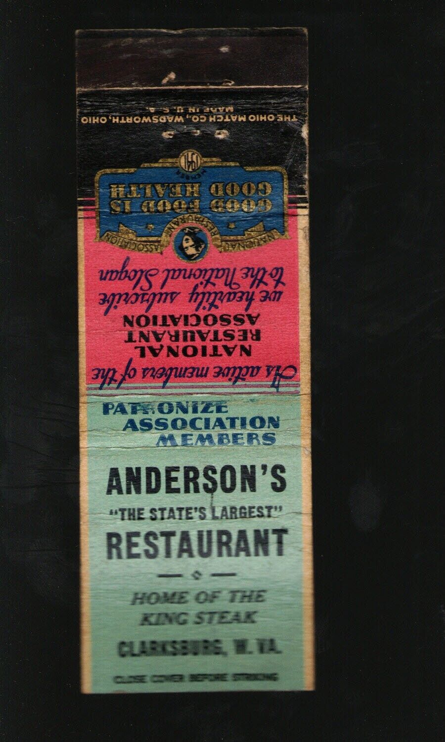 1940s Anderson\'s Restaurant  Clarksburg, WV Vintage Matchbook Ohio Match Co.