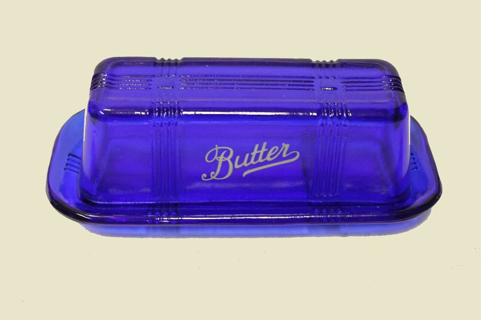 Cobalt Blue Glass Butter Dish Script Printed Embossed Depression Retro Style