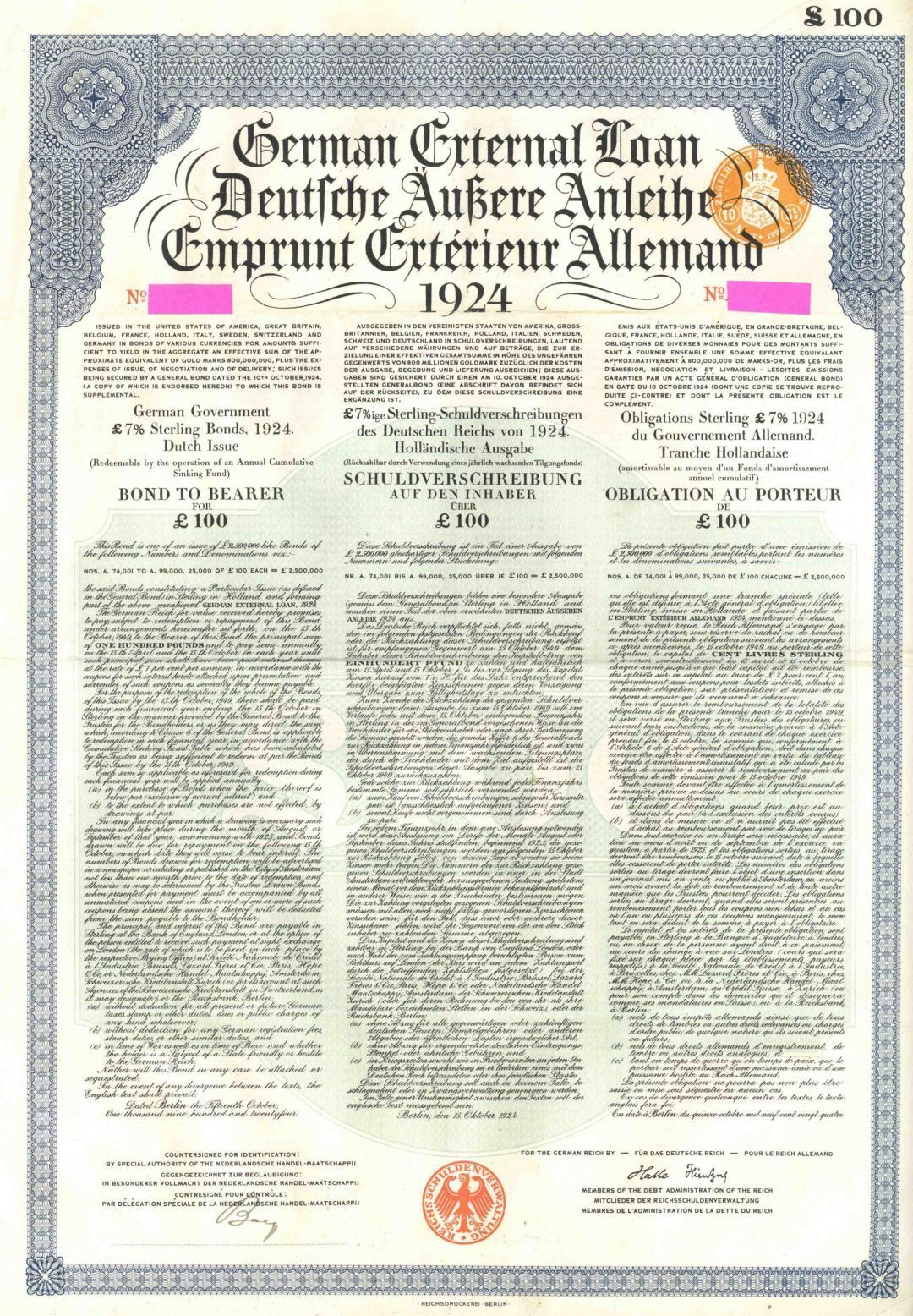 German External Dawes Loan Uncancelled 7% 1924 100 or 100 British Pound Gold Bon