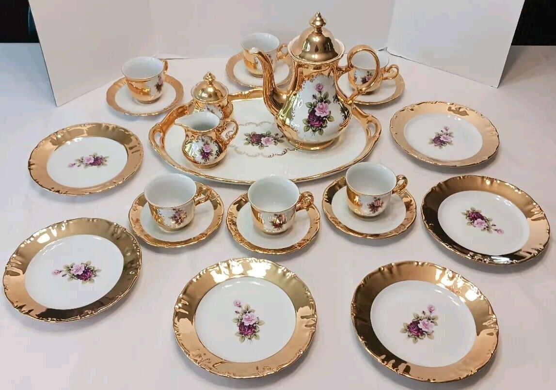 22 Pcs Set Handarbeit Tea Service Set 22k Gold W/ Rose Floral Rare 17