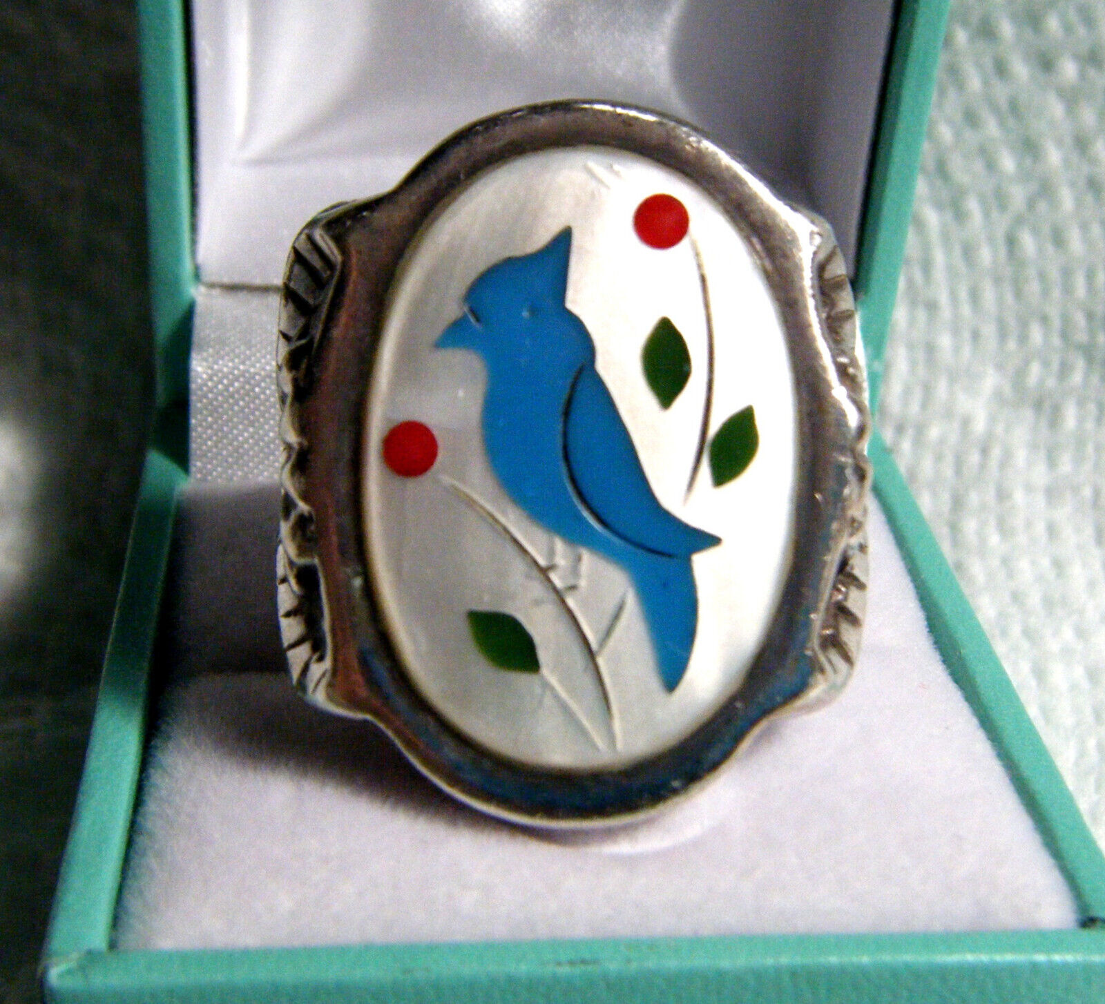 Big Chunky Vintage Sand Cast Navajo Blue Bird MOP Turquiose Inlay Sterling Ring