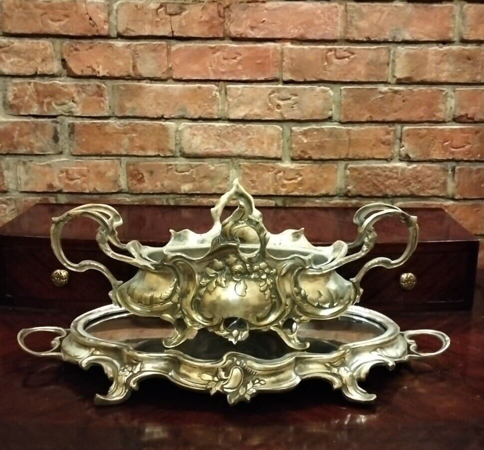 French Vintage Solid Brass Jardiniere with Tray, Reproduction Antique