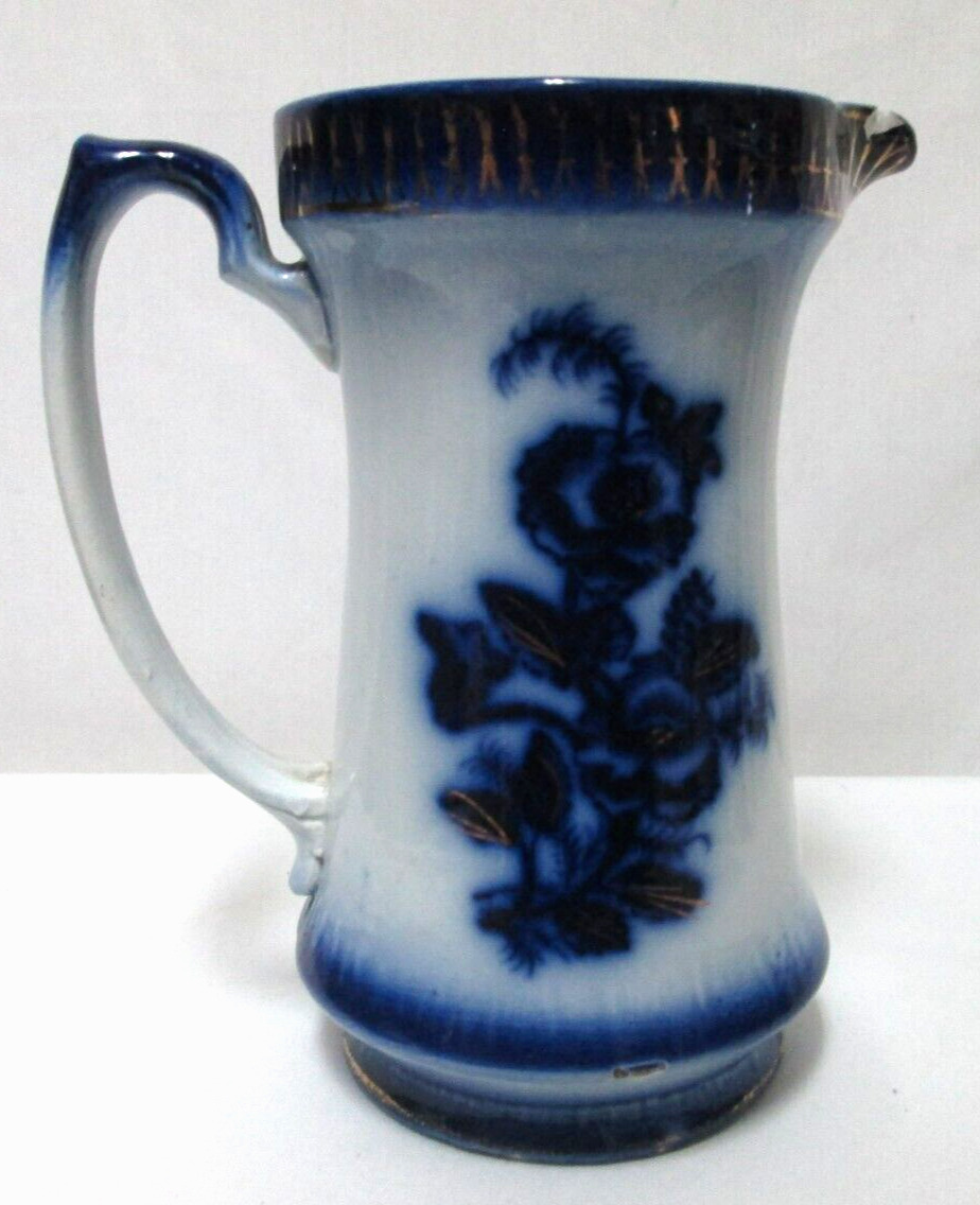 Antique Blue Flow Transferware Ceramic floral Pitcher gold trim  7.5\