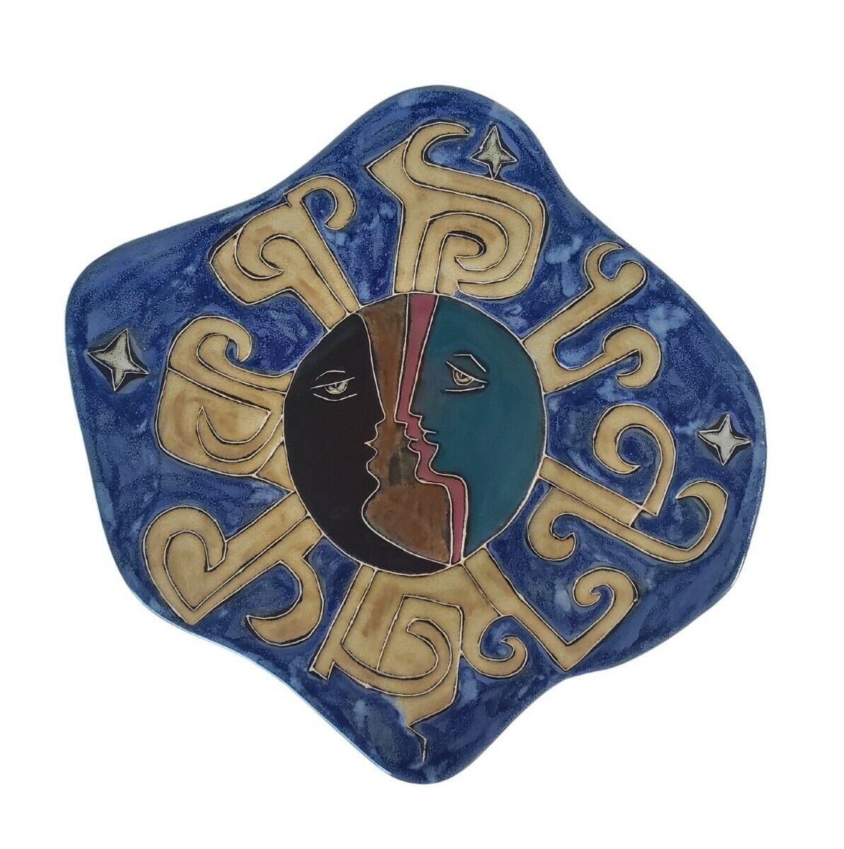 Vtg Mara Stoneware Celestial Sun Stars Face Hand Painted Plate Platter Mexico