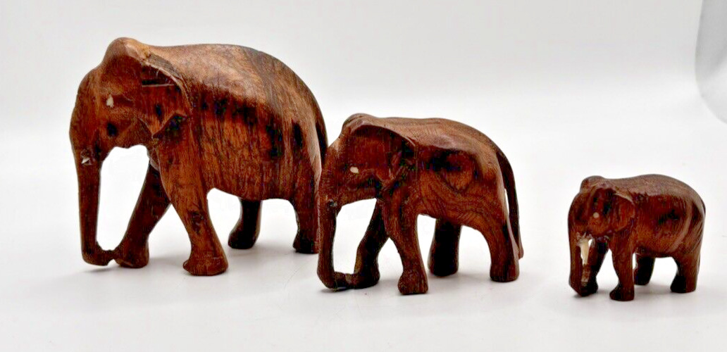 Elephant s/3 Wooden Hand Carved Wood Kenya African Decor Safari Animal Petite