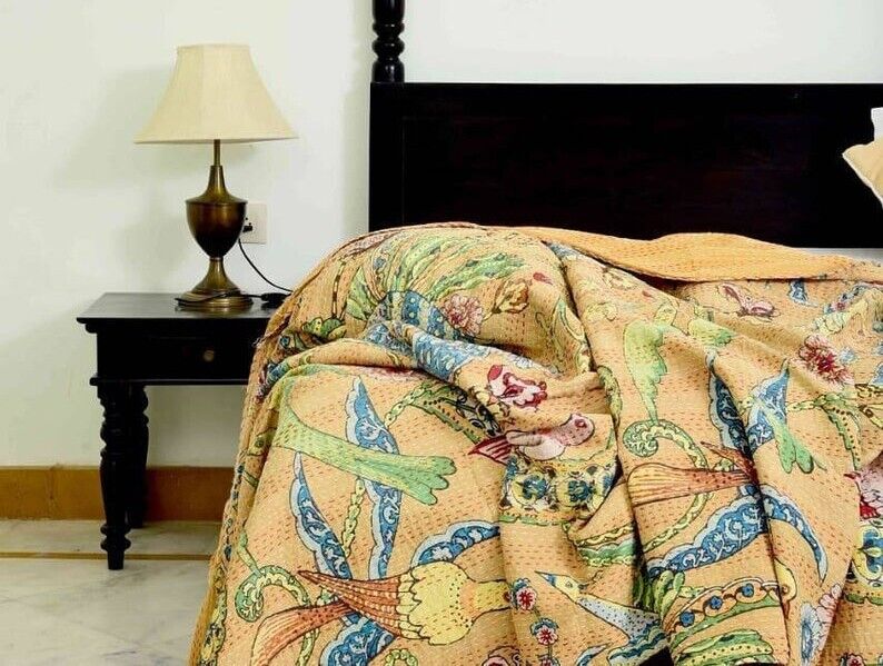 Queen Indian Handmade Kantha Quilt Bedspread Throw 100% Cotton Blanket Gudari