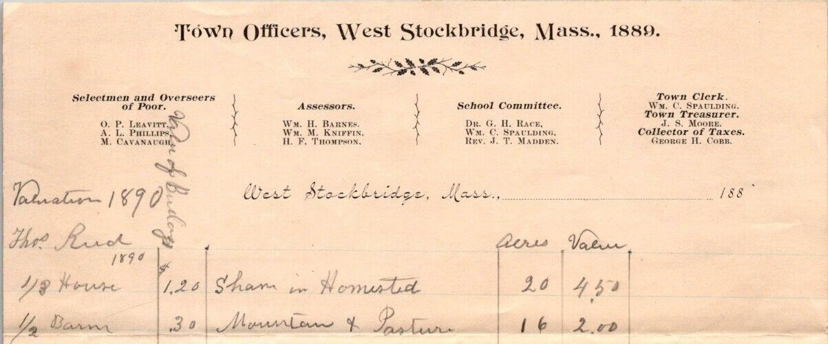 1889 West Stockbridge MA Town Officers Land Values HEIRS of Solomon REED  BS88