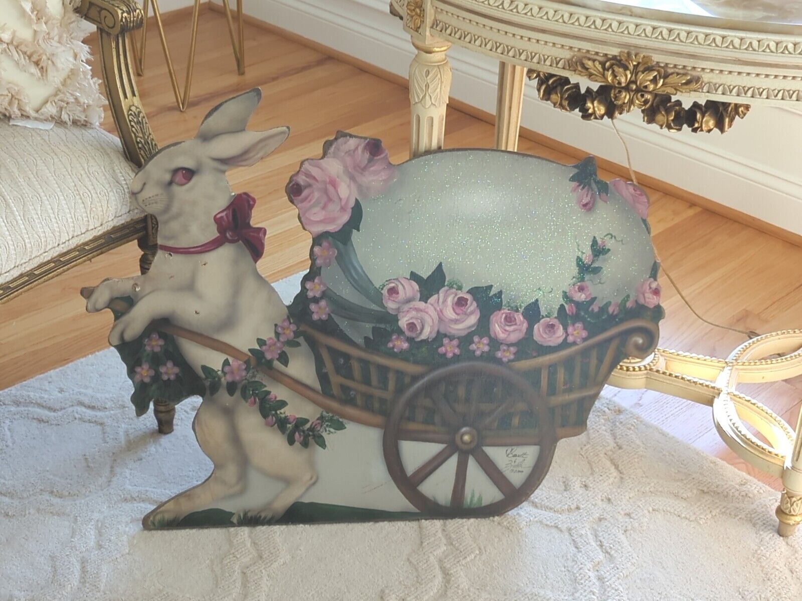 Bunny Egg Cart Boardwalk Originals Bonnie Barrett 2001 Hand Painted Pink Easter