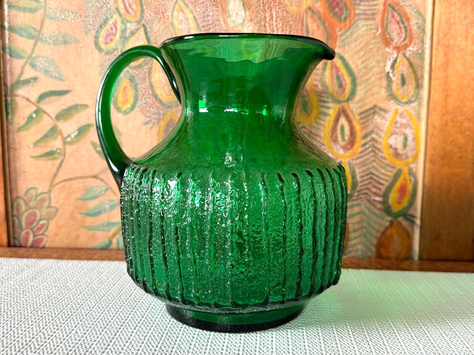 Vintage Green Art Glass Pitcher with Ribbed Stippling & Applied Handle