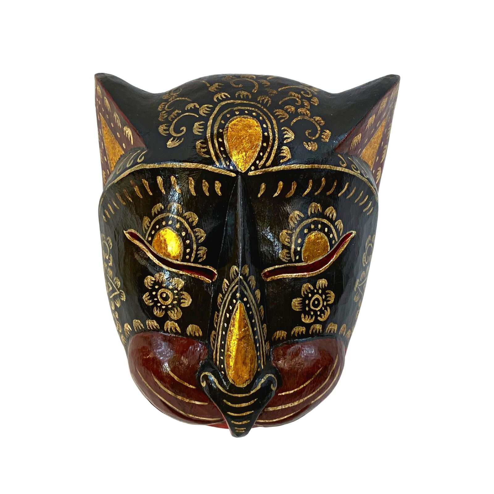 Balinese Black Cat Tattoo Feline Mask Black Kitty Bali Wall Art hand carved wood