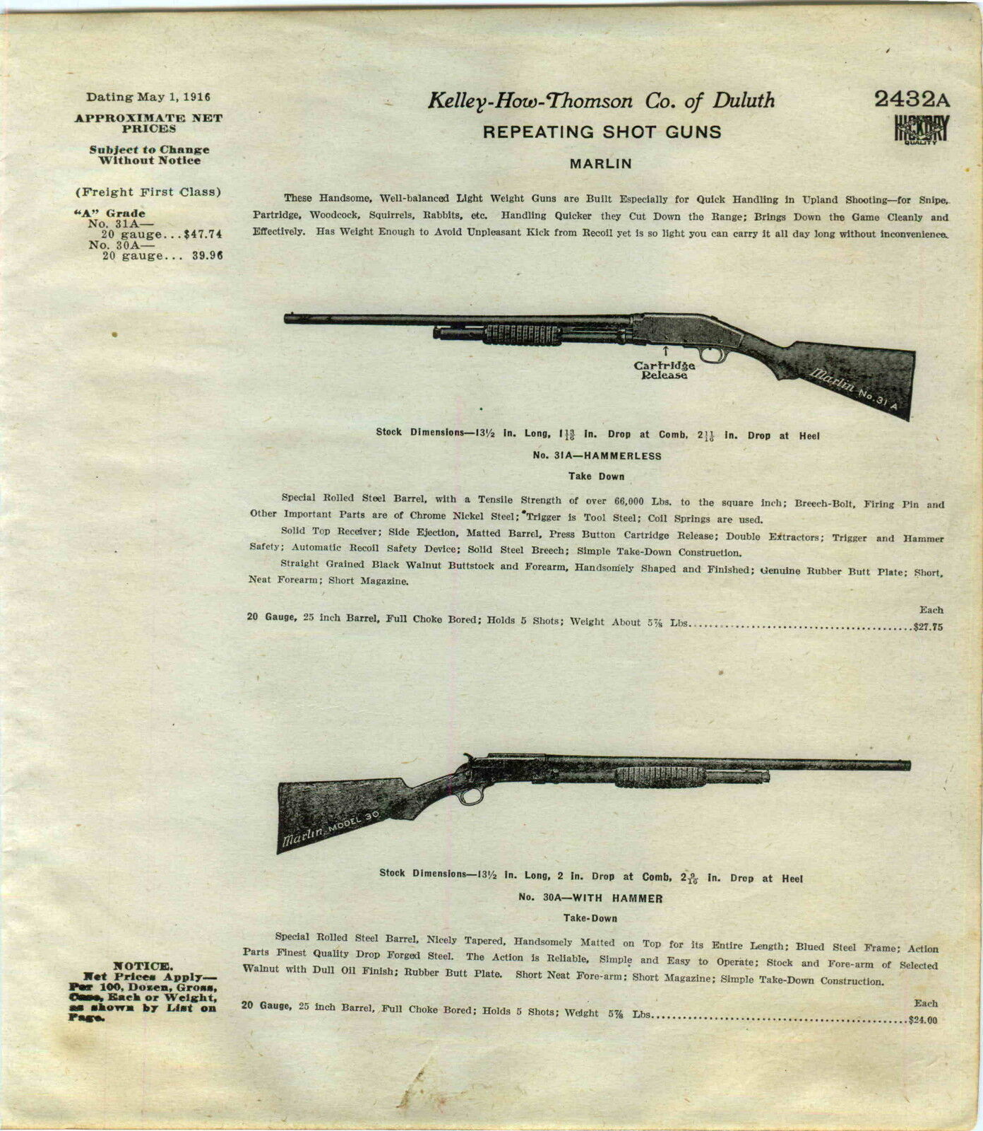 1916 ADVERT Marlin Repeating Shotgun With Hammer Hammerless