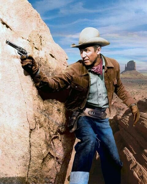 James Stewart in iconic western pose gun drawn in jeans & jacket 24x30 poster