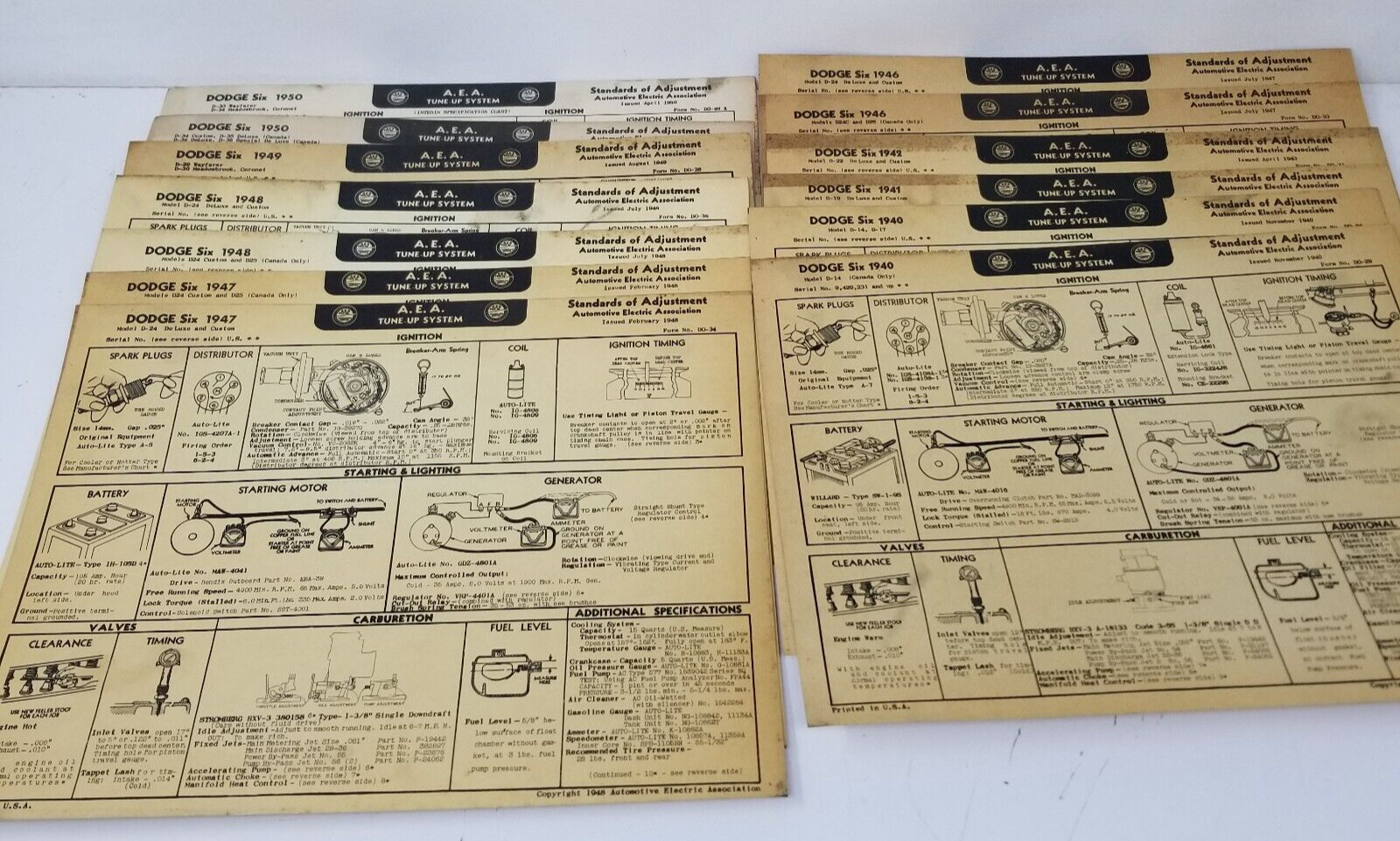 AEA Tune Up System Cards Dodge Six 1940s-1950s Illustrations Parts Set of 13