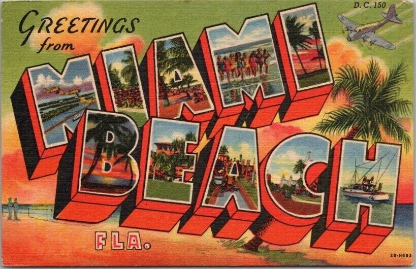 MIAMI BEACH, Florida Large Letter Postcard / Curteich Linen - 1958 FL Cancel