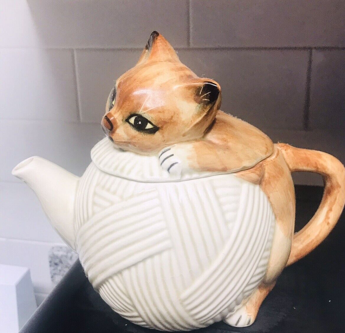 Cat Kitten Teapot Signed Mann Ceramic Yellow Cat Adorable Tea Pot